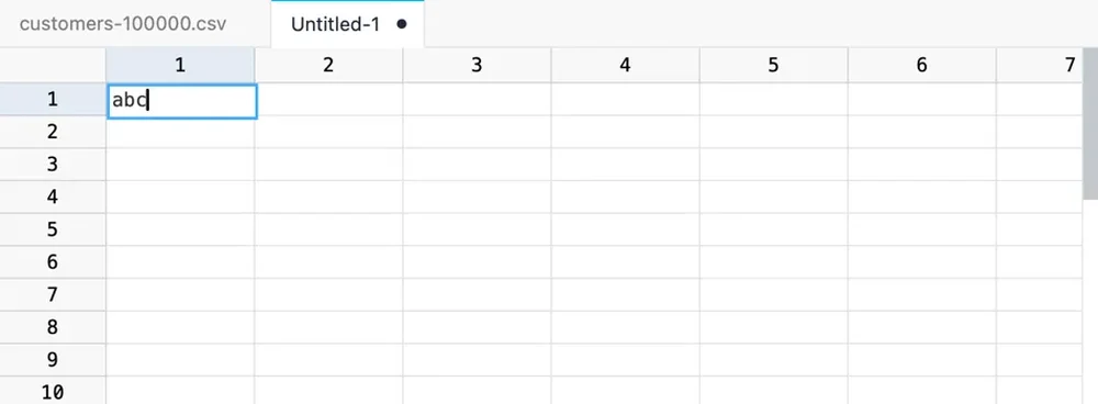 SmoothCSV grid view with an Untitled-1 tab and the text "abc" entered in the first cell.