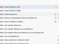 Command search panel filtered for "col", listing Grid Editor commands for inserting, deleting, sizing, and selecting columns.