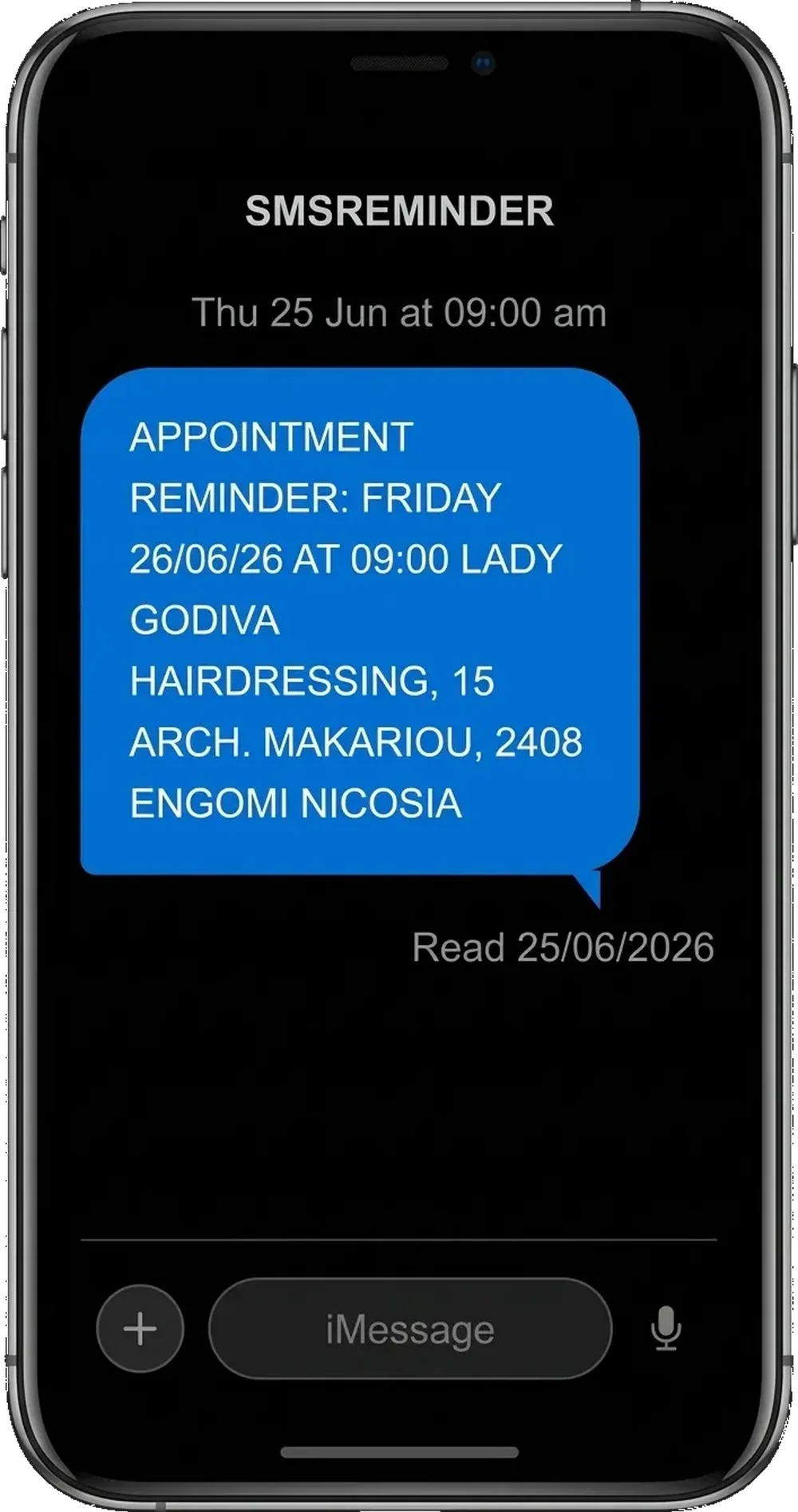 iPhone Messages screen displaying an SMS Reminder appointment reminder with date, time, salon name, and address.