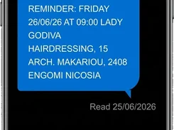 iPhone Messages screen displaying an SMS Reminder appointment reminder with date, time, salon name, and address.