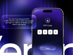 A stylized smartphone OTP verification screen with four masked code fields, a Verify button, and a one-time-password message.