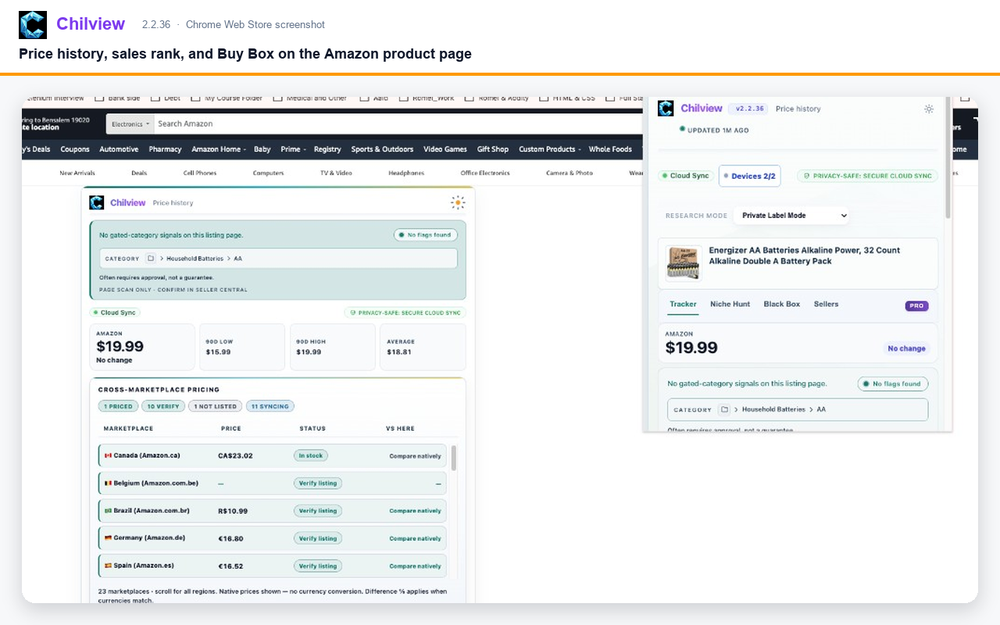 Chilview browser extension shown on an Amazon product page with price history, cross-marketplace pricing, seller checks, and a side panel for an Energizer battery listing.