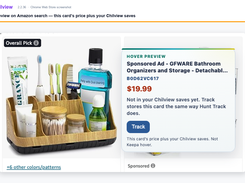Amazon search-result product card with a Chilview hover preview overlay showing a sponsored product title, identifier, price, explanatory text, and Track button.