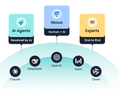 A diagram showing AI Agents, Nexus, and Experts above a curved model layer labeled Claude, DeepSeek, OpenAI, Seed, and Qwen.