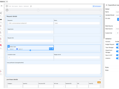 Softyflow form builder showing a budget-request form canvas, component palette, and configuration panel for an expenditure-type checkbox.