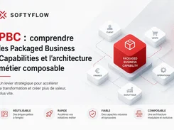 Softyflow graphic explaining Packaged Business Capabilities with a central PBC block connected to client, sales, finance, operations, and analytics blocks.