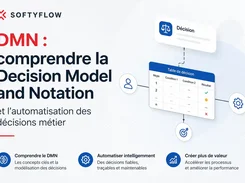 Softyflow DMN graphic showing a decision table connected to decision, user, gear, and target icons.