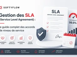 Softyflow graphic titled “Gestion des SLA” showing an SLA document, availability gauge, calendar, shield, and labeled service-agreement benefits.