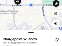 Mobile charger-finder screen with a Warsaw map, charging-point details, connector availability, and pricing.