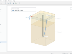 Solpile interface showing a 3D pile in soft clay and dense sand layers with an axial-force result line and service-force legend.