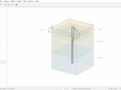 Solpile desktop interface showing a 3D pile within layered soil, with colored result curves and soil-layer labels.