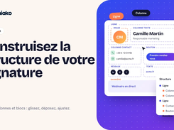 French tutorial graphic showing a Soniako signature layout editor with labeled rows, image and text columns, contact blocks, a button, social links, and a banner.