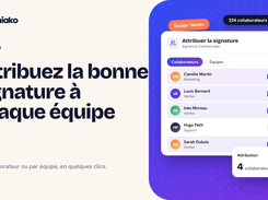 French tutorial graphic showing the Soniako interface for assigning a commercial email signature to selected collaborators or teams.