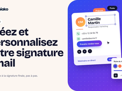 French tutorial graphic showing the Soniako email-signature editor with a selected name field, contact details, social icons, and text-style controls.