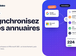 French tutorial graphic showing Google Workspace and Microsoft 365 directory synchronization into a Soniako collaborators list with synchronized status labels.