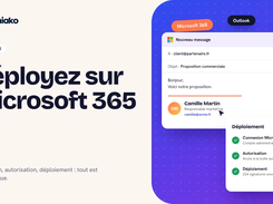 French tutorial graphic showing an Outlook email compose window with a Soniako-style signature and a deployment-status panel for Microsoft 365.