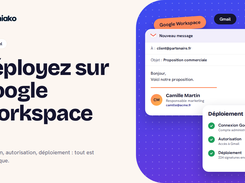 French tutorial graphic showing a Gmail compose window with a Soniako-style signature and a deployment-status panel for Google Workspace.