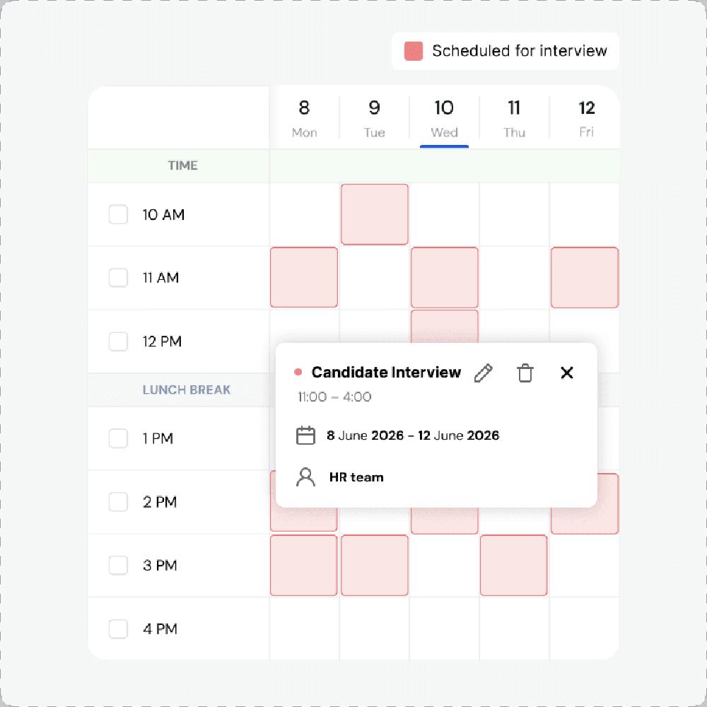 Weekly interview scheduling calendar showing time slots and a Candidate Interview event card for the HR team.