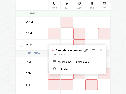 Weekly interview scheduling calendar showing time slots and a Candidate Interview event card for the HR team.