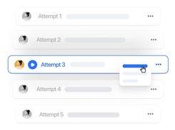 Interface showing five candidate interview attempts, with Attempt 3 highlighted and a play button and overflow menu visible.