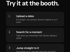 Soontra workflow: upload a video, search for a moment, and jump to the matching scene and transcript.