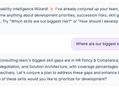 Soraku Insight chat interface answering a question about skill gaps in the consulting team.