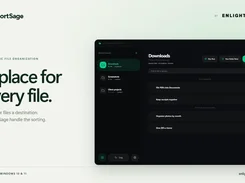 SortSage promotional layout showing the Downloads dashboard with monitored folders and file-sorting rules.