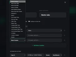 SortSage rule editor with an open condition menu listing filename, extension, date, size, and content matching options.