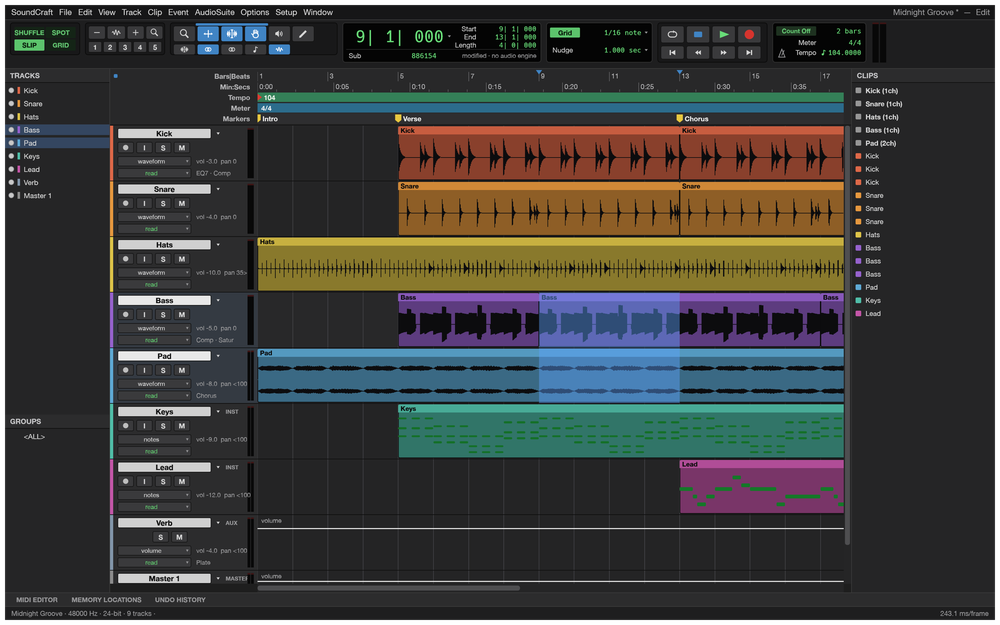 SoundCraft edit window showing a multitrack music session with colored audio and MIDI clips for kick, snare, hats, bass, pad, keys, and lead.