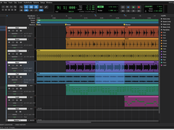 SoundCraft edit window showing a multitrack music session with colored audio and MIDI clips for kick, snare, hats, bass, pad, keys, and lead.