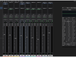 SoundCraft mixer window with channel strips, insert and send slots, faders, and an open seven-band EQ panel for the kick track.
