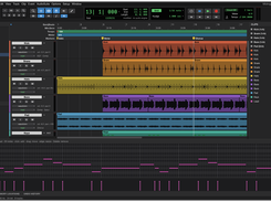 SoundCraft edit window with colored multitrack clips and a MIDI editor displaying pink notes and velocity bars.
