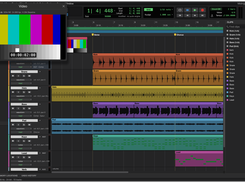 SoundCraft edit window with multitrack clips and a floating Video preview panel displaying color bars and a timecode.