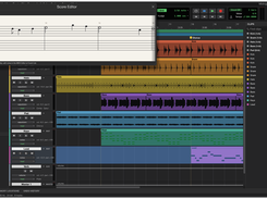 SoundCraft edit window with colored audio and MIDI tracks and a floating Score Editor showing musical staff notation.