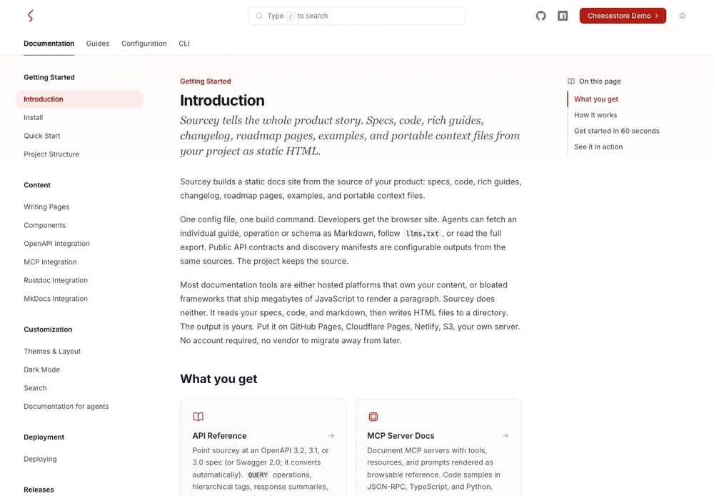Sourcey documentation introduction page explaining that Sourcey builds static documentation sites from specs, code, guides, changelogs, and other project files.