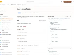 API reference page for a Cheese Store example, showing the “Add a new cheese” POST endpoint, parameter fields, and cURL request sample.