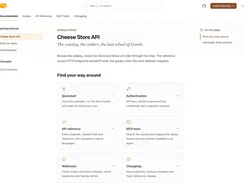 Cheese Store API documentation home page with navigation cards for Quickstart, Authentication, API reference, MCP tools, Webhooks, and Changelog.