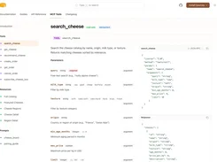 MCP Tools documentation page for the “search_cheese” tool, with parameter descriptions and JSON-RPC request and response examples.