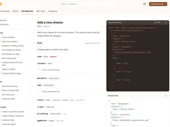 API reference page for the Cheese Store “Add a new cheese” endpoint, with request schema fields and a dark cURL code panel.