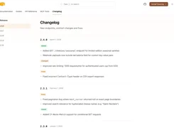 Cheese Store API changelog page listing releases 2.4.0 and 2.3.1 with added, changed, and fixed entries.