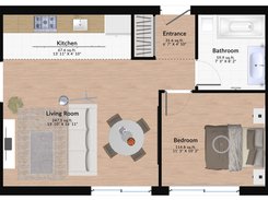 2D floor plan of a one-bedroom apartment, with furniture, room names and dimensions.