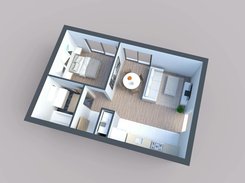 The same apartment in 3D, viewed from above, generated instantly from the 2D plan.