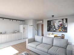 Photorealistic render of an open living room and kitchen.