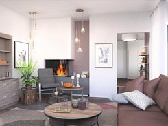 Living room with a corner fireplace, rendered in Space Designer 3D.