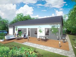 Exterior render of a single-storey house with a wooden terrace and landscaped garden.