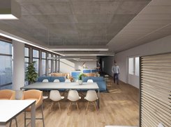 Coworking office with open workspaces and meeting areas, rendered in 3D.