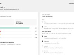 SpacePOP Email verification dashboard showing sample email-quality results, including emails checked, valid-email percentage, result categories, and verification settings.