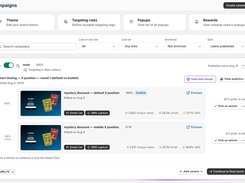 Campaigns dashboard showing navigation cards, campaign filters, and a smart-test comparison of two mystery-discount popup variants with view and submission metrics.