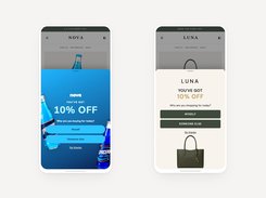 Two mobile storefront mockups display discount popups for Nova soda and Luna handbags, each asking who the visitor is shopping for.