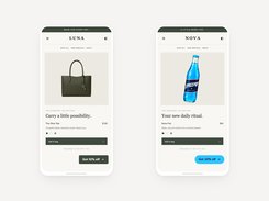 Two mobile storefront mockups show Luna handbag and Nova Fizz product pages with a 'Get 10% off' popup button.